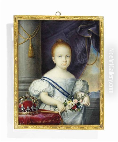 Isabella Ii (1830-1904), Queen Of Spain, In White Dress, Wearing The Blue And White Striped Moire Sash Of The Royal Spanish Order Of Charles Iii, Holding A Bouquet Of Flowers Oil Painting by Luis de la (El Canario) Cruz y Rios