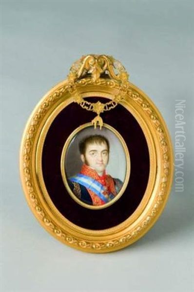 Ferdinand Vii En Buste De Face, En Grand Uniforme Brode, Portant L'ordre De La Toison D'or Et La Grande Eharpe De L'ordre De Charles Iii Oil Painting by Luis de la (El Canario) Cruz y Rios