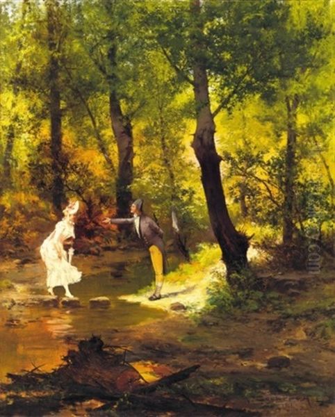 Atkeles A Patakon (crossing The Stream) Oil Painting by Arpad Cserepy