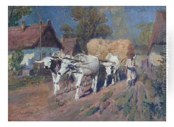 Oxen And Hay Wagon Oxen And Hay Wagon Oil Painting by Karoly Cserna