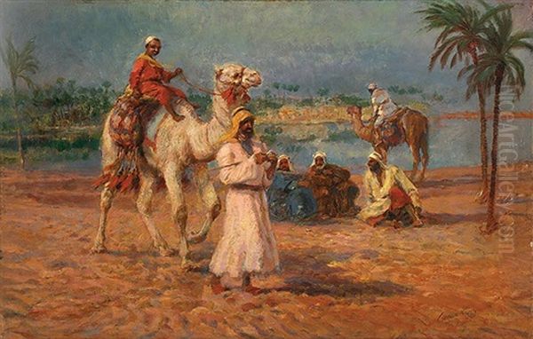 Camel Race At The Waterside Oil Painting by Karoly Cserna