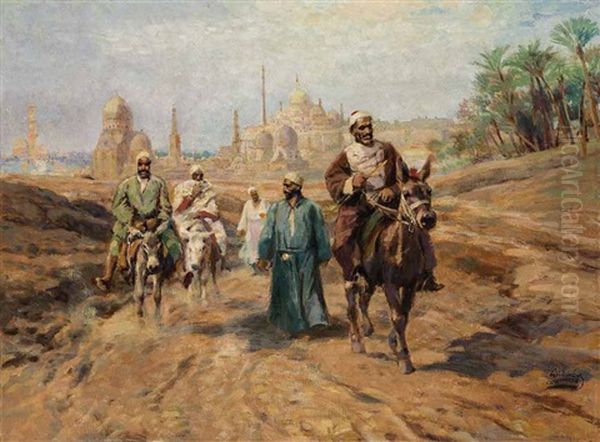 Reitende Araber Vor Der Stadt Oil Painting by Karoly Cserna