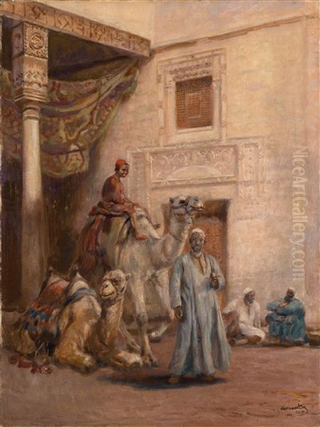 Strasenszene In Kairo Oil Painting by Karoly Cserna