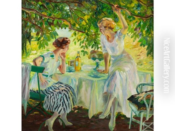 Zwei Damen Unter Lichtdurchfluteten Baumen Oil Painting by Edward Cucuel