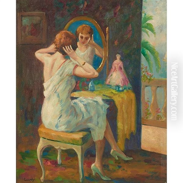 Seated Woman In Mirror Oil Painting by Edward Cucuel