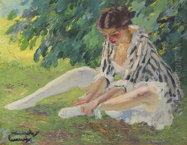 Auskleidend (sitzende Im Gras) Oil Painting by Edward Cucuel