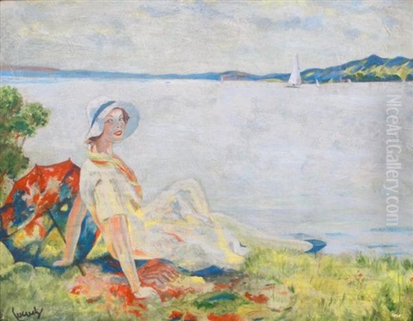 Femme Assise A L'ombrelle Sur Le Lac Oil Painting by Edward Cucuel