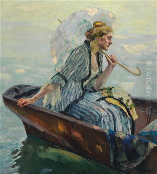 Sommer (summer - Lady In A Boat With Parasol) Oil Painting by Edward Cucuel