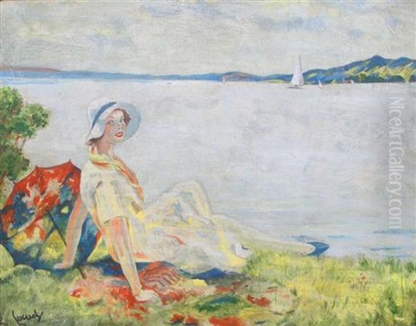 Woman With Umbrella By The Sea Oil Painting by Edward Cucuel