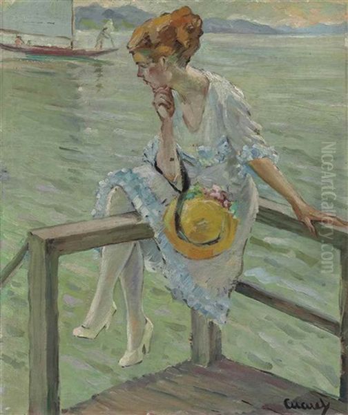 An Elegant Lady By A Lake Oil Painting by Edward Cucuel