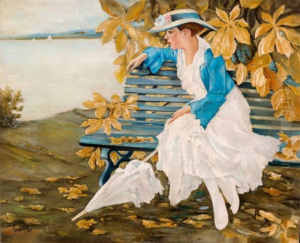 Auf Parkbank Sitzende Dame Unter Kastanienbaum Am Ufer Des Starnberger Sees Oil Painting by Edward Cucuel