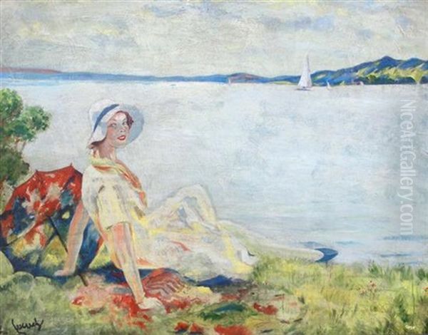 Woman With Umbrella By The Sea Oil Painting by Edward Cucuel