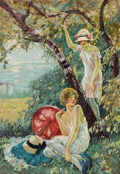 Zwei Junge Damen Unter Baumen Am Seeufer An Einem Sonnigen Tag Oil Painting by Edward Cucuel