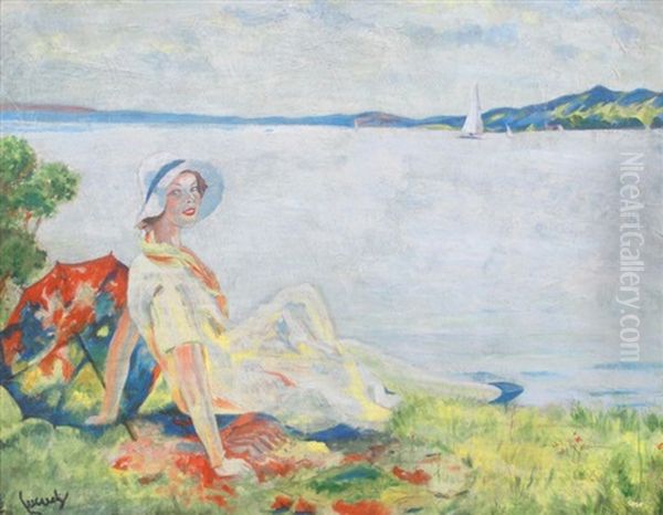 Jeune Fille A L'ombrelle Allongee Devant La Mer Oil Painting by Edward Cucuel