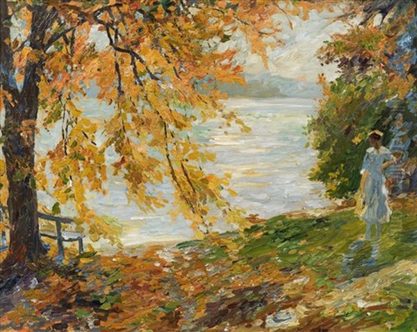 Lady In White By The Lake Oil Painting by Edward Cucuel