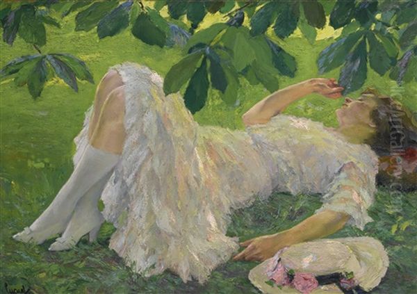 Reclining Woman In White Oil Painting by Edward Cucuel