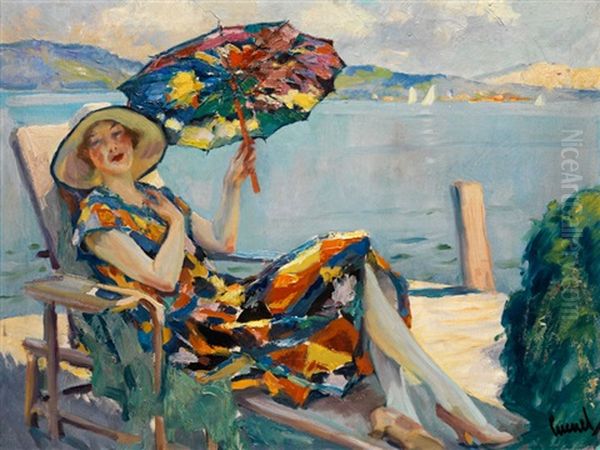 Junge Dame Im Liegestuhl Am Seeufer Oil Painting by Edward Cucuel