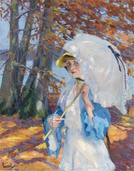 Dame Mit Sonnenschirm Im Herbstlaub Am Ammersee Oil Painting by Edward Cucuel