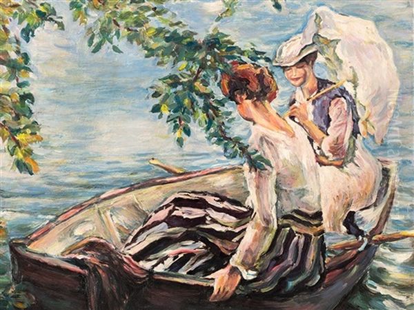 Two Ladies In A Boat Oil Painting by Edward Cucuel