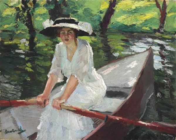 Woman In Rowboat Oil Painting by Edward Cucuel