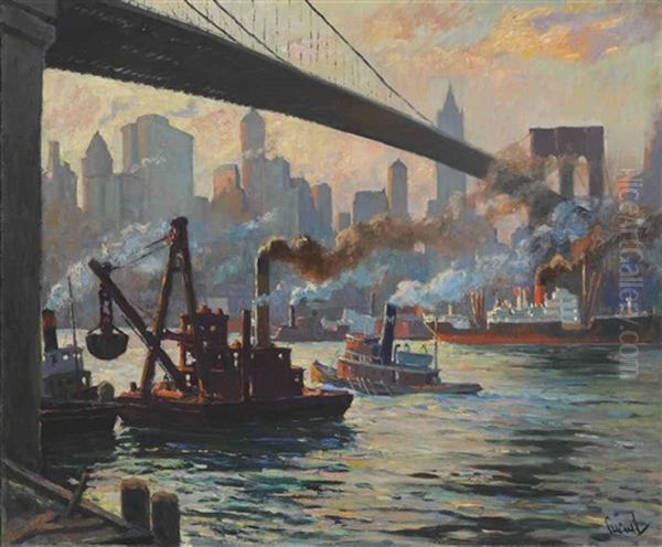 The Day's Work, East River, New York Oil Painting by Edward Cucuel