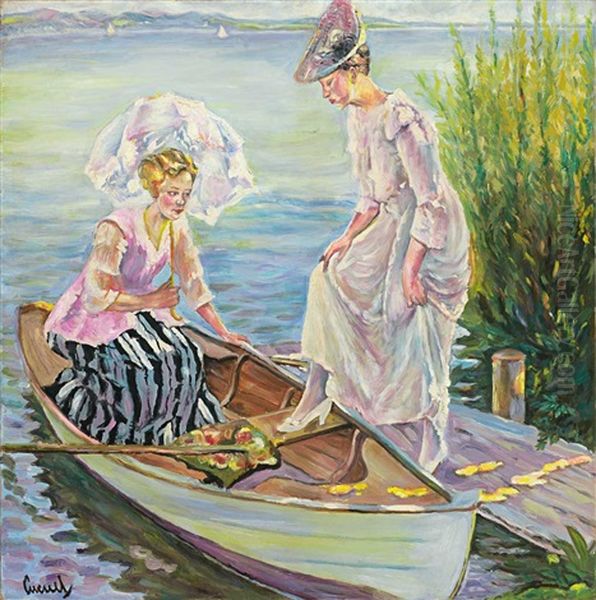 Zwei Damen Besteigen Einen Nachen. Uferstuck Am Starnberger See Oil Painting by Edward Cucuel