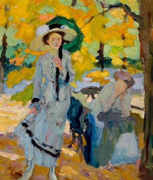 Woman With Umbrella Oil Painting by Edward Cucuel