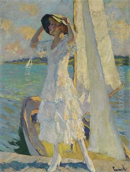 Frau Auf Dem Steg Mit Einem Kahn Am Ufer Des Starnberger See Oil Painting by Edward Cucuel