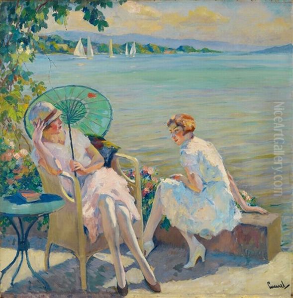 Zwei Sitzende Madchen Am Starnberger See Oil Painting by Edward Cucuel