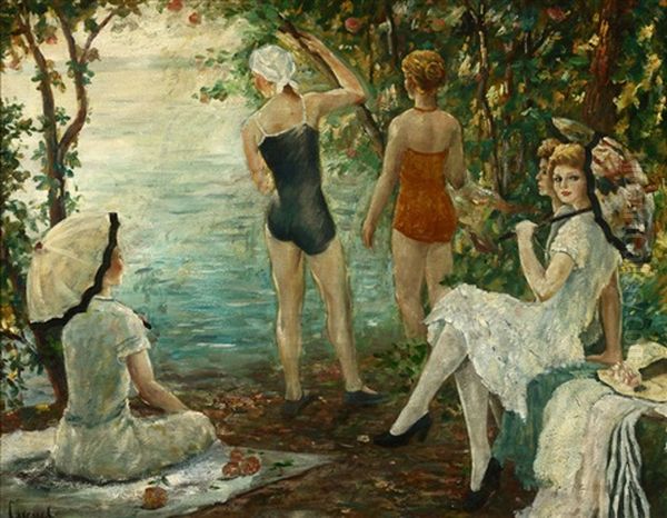 Ladies Lounging And Bathing Near A Lake Oil Painting by Edward Cucuel