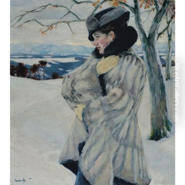 Madchen Im Pelz, Bad Tolz - Girl With Fur Coat, Bad Tolz Oil Painting by Edward Cucuel