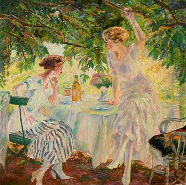 Teatime On The Shore Of The Lake Starnberg Oil Painting by Edward Cucuel