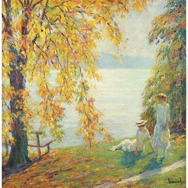 Two Girls In White Beside A Lake In Autumn Oil Painting by Edward Cucuel