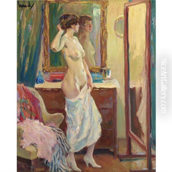 Vor Dem Spiegel (the Looking-glass) Oil Painting by Edward Cucuel