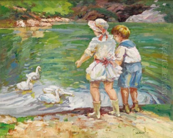 Feeding Time In Central Park, New York Oil Painting by Edward Cucuel