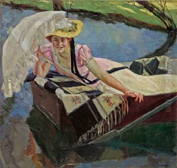 Frau Im Boot Mit Wsonnenschirm (the White Parasol) Oil Painting by Edward Cucuel