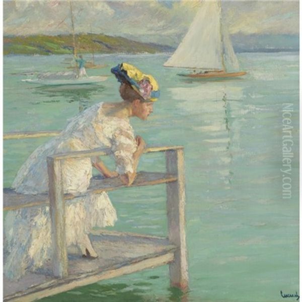 On The Dock Oil Painting by Edward Cucuel