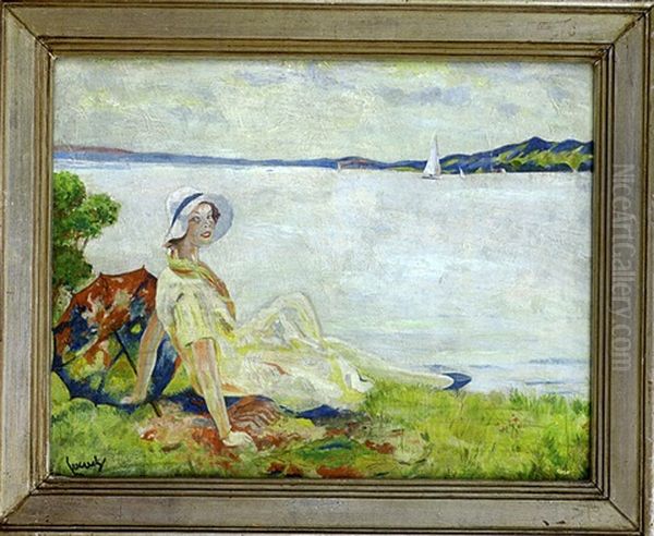 Madchen Mit Sonnenschirm Und Hut An Einem See Liegend Oil Painting by Edward Cucuel