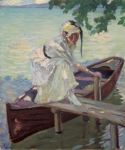 Dame Am Bootssteg Oil Painting by Edward Cucuel