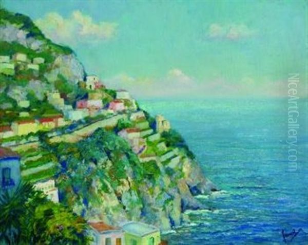 Felsen Von Positano (+ Draft, Washed Out, Verso) Oil Painting by Edward Cucuel