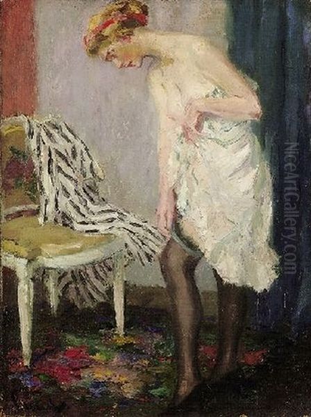 Junge Dame Mit Grunem Strumpfband Oil Painting by Edward Cucuel