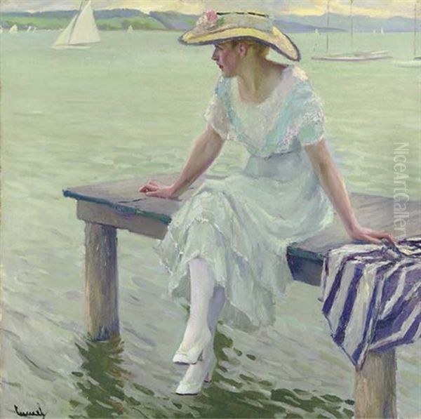 Young Woman On A Pier Oil Painting by Edward Cucuel