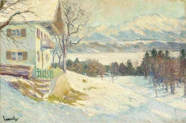 A Chalet In A Winter Landscape Oil Painting by Edward Cucuel