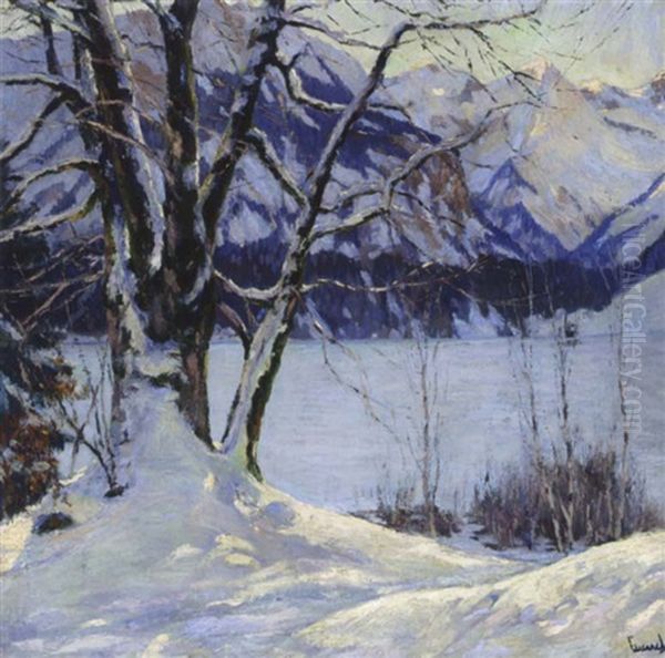 A Frozen Lake In A Mountainous Winter Landscape Oil Painting by Edward Cucuel