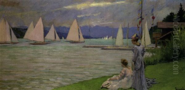 Zwei Damen Am Seeufer, Segelboote Betrachtend Oil Painting by Edward Cucuel