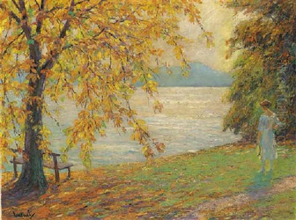 Dame In Weissem Kleid Am See Oil Painting by Edward Cucuel