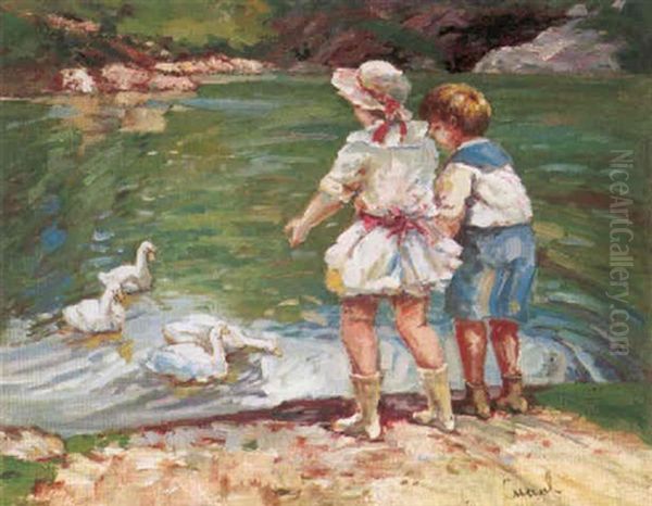 Feeding The Ducks Oil Painting by Edward Cucuel