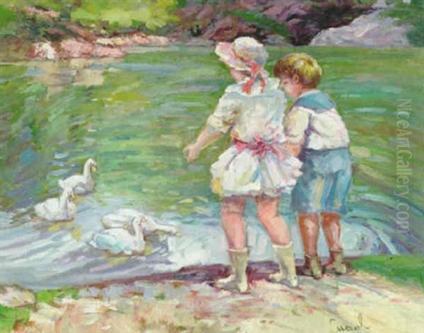 Flicka Och Pojke Vid Ankdamm Oil Painting by Edward Cucuel