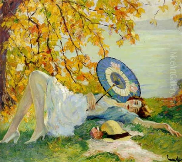 Woman Reclining By A Lake Oil Painting by Edward Cucuel