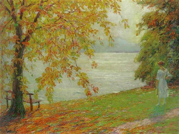 Dame In Weisem Kleid Am See Oil Painting by Edward Cucuel